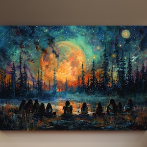 May include: A painting of a group of people sitting around a campfire under a starry sky with a large, glowing moon in the background.