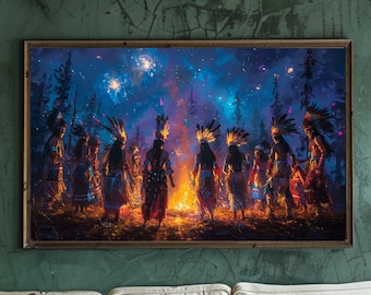 Danza nativa americana bajo las estrellas, impresión en lienzo mate de arte indígena