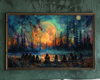 Lámina artística de tribu indígena, ceremonia a la luz de la luna, decoración de pared nativa americana (póster brillante)