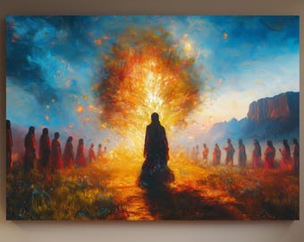 Eternal Flame Gathering Canvas, Spiritual Visionary Landscape, Surreal Unity Decor, Wall Art, Home Decor