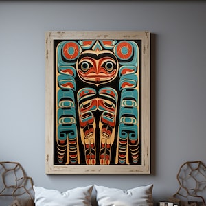May include: A framed Native American-style artwork with a totem design in red, blue, and black hangs on a gray wall. The room features wooden furniture, including a coffee table, bench, and chair, creating a cozy, rustic atmosphere.