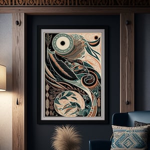Materiales tradicionales tlingit y técnicas modernas, arte abstracto único, arte indígena, arte tribal, arte tlingit, pintura, carteles brillantes