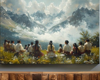 Indigenous Gathering Canvas Art | Mountain Landscape Print