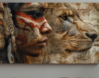 Native American Lion Canvas, Indigenous Tribal Art, Warrior Spirit