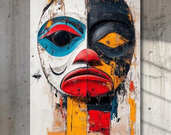 Bold Indigenous Half-Face Art Canvas | Cultural Abstract Wall Decor | Unique Tribal Art for Meditation Room & Boho Home Aesthetic