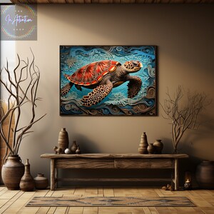May include: A colorful, detailed painting of a sea turtle swimming in blue water. The turtle has a red and brown shell and is surrounded by swirling blue and brown water.