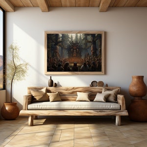 Puede incluir: Un sof&aacute; de madera con cojines beige se encuentra en una habitaci&oacute;n con una gran impresi&oacute;n enmarcada que representa una ceremonia nativa americana. La impresi&oacute;n muestra a un grupo de personas reunidas alrededor de un t&oacute;tem en un entorno de bosque. La habitaci&oacute;n tiene un techo de madera y una ventana grande.