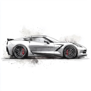 May include: A silver sports car with black accents and red brake calipers. The car is drawn in a realistic style with a watercolor background.