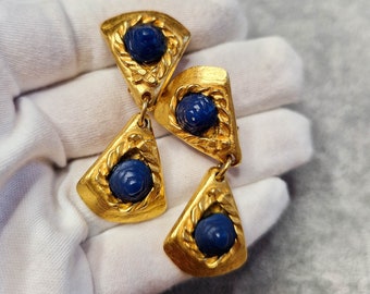 Vintage Gold Tone Dangling Clip On Earrings with Blue Cabochons, Gold Blue Glam Earrings, Vintage Dangle Gold Blue Earrings