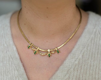 Vintage Unsigned Gold Plated Pendant Necklace with Green and Clear Crystals, Elegant Gold Chain Necklace For Women, Crystal Chain Necklace