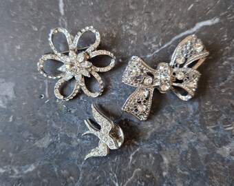 Vintage Flower Bow Ribbon Bird Brooch Pin with Clear Crystals, Silver Tone Crystal Brooches, Romantic Trio Brooch Set