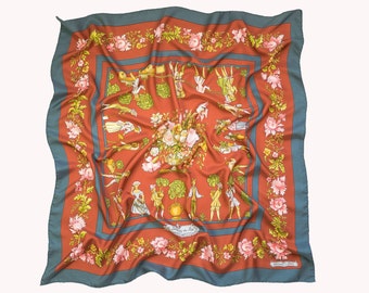 Vintage Hermes Scarf Les Jardiniers du Roy by Maurice Tranchant, Hermes Carre Silk Scarf, Green Hermes Scarf, Hermes Spring Scarf