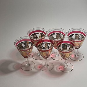Vintage Set of 6 Wine Glasses - Gold and Red Glass Decor - Mid-century Glass