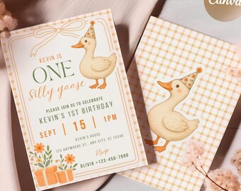 Convite de 1º aniversário One Silly Goose, convite clássico amarelo para menino e menina, editável no Canva, modelo de convite com tema xadrez, #BBSH01