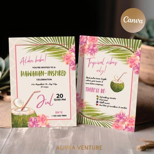 Puede incluir: Dos invitaciones para una celebración de inspiración hawaiana. Las tarjetas presentan diseños tropicales con flores rosas, hojas de palma verdes y una ilustración de coco. El texto incluye "Aloha babe!" y "Tropical vibes only!"