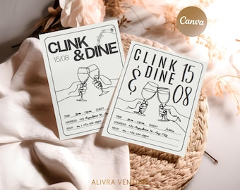 Convite editável para jantar | Modelo Canva | Modelo moderno em preto e branco | Convite minimalista para evento adulto para impressão (2 designs)