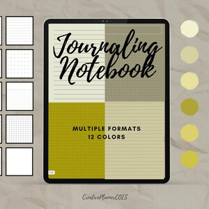 Puede incluir: Cuaderno de diario digital con múltiples formatos y 12 colores. El cuaderno presenta páginas rayadas, punteadas y cuadriculadas. La portada muestra el texto "Journaling Notebook" en un estilo manuscrito, con una paleta de colores amarillo y verde.