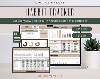 Daily Habit Tracker Google Spreadsheet Auto Calculated Yearly, Weekly & Monthly Habit Routine Planner Time Management Google Sheets Template