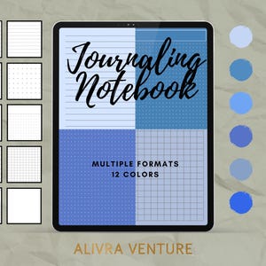 Puede incluir: Una tableta digital muestra un "Journaling Notebook" con varios formatos de página y 12 opciones de color. El diseño incluye páginas rayadas, punteadas y cuadriculadas, con una paleta de tonos azules. El texto "ALIVRA VENTURE" está en la parte inferior.