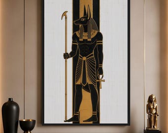 Anubis Wall Art Framed Canvas, Egyptian God Canvas, Black Gold Ancient Egypt Decor, Luxury Wall Art