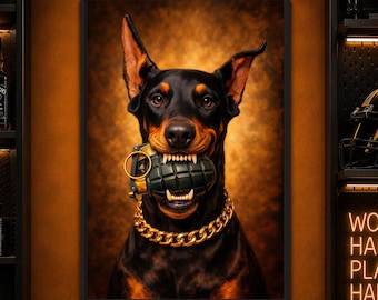 Doberman Wall Art, Doberman Grenade Framed Canvas, Masculine Dog Portrait, Bold Man Cave Wall Decor, Large Dog Art