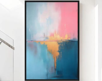 Pink Blue Wall Art, Abstract Colorful Art, Gold and Teal Modern Living Room Decor, Printable Wall Art