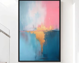 Pink and Blue Abstract Wall Art Framed Canvas, Colorful Gold Canvas, Modern Luxury Living Room Decor