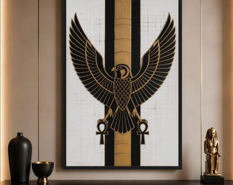Falcon Wall Art Framed Canvas, Egyptian Horus and Ankh Art, Black Gold Ancient Egypt Luxury Cultural Wall Decor