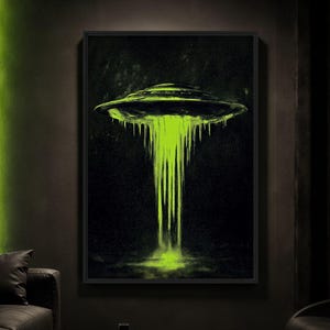 May include: A rectangular wall art print featuring a dark, black background with a central saucer-shaped spacecraft emitting a bright, neon green light beam that cascades downward in a dripping, liquid-like effect against the void of space.