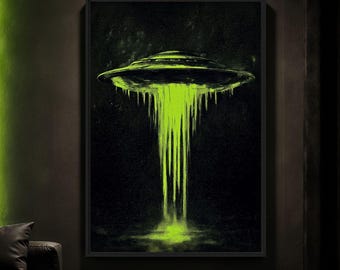 Neon Green UFO Art, Alien Wall Art, Sci Fi Decor, Space Wall Art, Man Cave Decor, Large Printable Wall Art