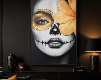Day of the Dead Printable Wall Art, Sugar Skull Woman Art, Dia de los Muertos Decor, Mexican Woman Portrait, Gothic Floral Wall Art