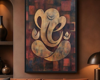 Ganesha Wall Art Framed Canvas, Ganesh Hindu God Art, Indian Spiritual Wall Decor, Large Religious Wall Art
