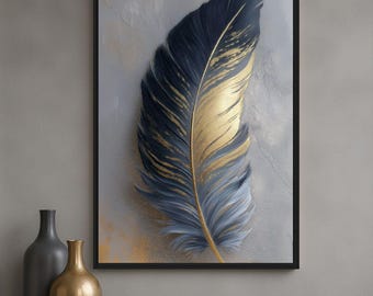 Gray and Gold Feather Wall Art, Elegant Feather Framed Canvas, Modern Living Room Decor
