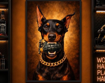 Doberman Wall Art, Doberman Grenade Print, Masculine Dog Portrait, Man Cave Decor, Bold Trendy Printable Wall Art