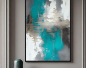 Teal Wall Art, Teal Abstract Art, Gray Turquoise Modern Living Room Decor, Printable Wall Art
