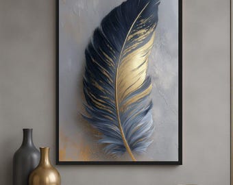 Gray and Gold Feather Wall Art, Elegant Feather Print, Modern Living Room Decor, Large Printable Wall Art
