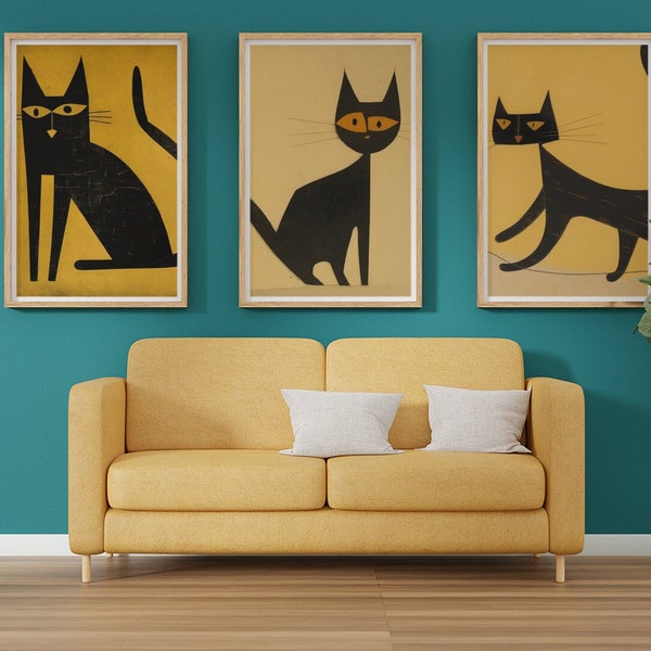 Black Cats Set Of 3 Digital Prints, Abstract Wall Art, Bill Traylor Style, Black Cat, Cat Print, Cat Poster, Black Cat Art, Digital Art, Cat