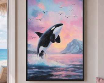 Orca Whale Art, Ocean Wall Art, Pink Blue Sunset Print, Coastal Beach House Decor, Printable Wall Art