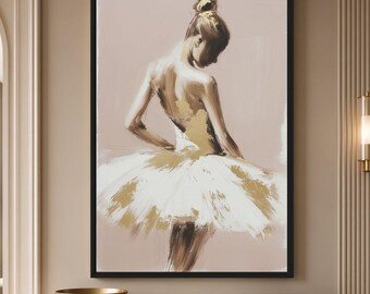 Ballerina Wall Art, Ballet Dancer Framed Canvas, Feminine Neutral Beige Gold Wall Art, Elegant Dance Wall Decor
