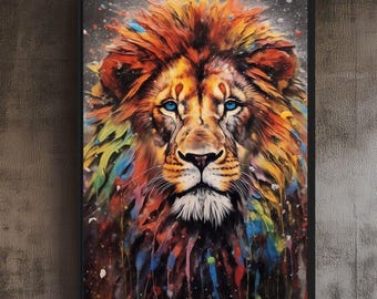 Colorful Lion Framed Canvas: Abstract Graffiti Pop Art