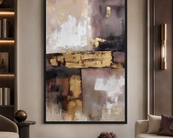 Earth Tone Abstract Framed Canvas, Beige Brown and Gold Wall Art, Neutral Modern Living Room Decor