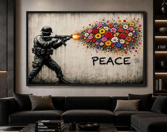 Fredsgraffiti inramad canvas, Banksy-inspirerad urban väggkonst, blommig gatukonst, stor iögonfallande väggdekor