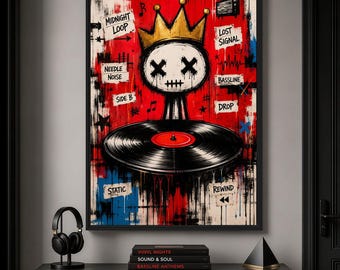 Vinyl Record Framed Canvas, Graffiti Music Wall Art, DJ Studio Decor, Red Black Urban Street Art