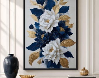 Navy Floral Wall Art, Navy Blue and Gold Botanical Print, White Flower Painting, Elegant Printable Living Room Decor