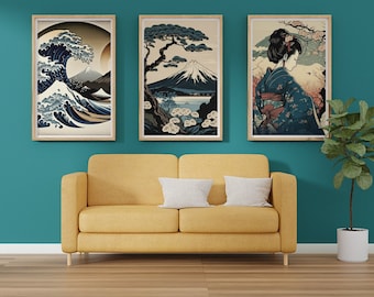 Japanese Digital Prints Set of 3, Japanese Wall Art, Japanese Decor, Japanese Wave, Japanese Landscape, Wall Decor Art, Digital Art, Poster