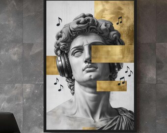 David Wall Art, Michelangelo Art, Music Wall Art, Headphones Wall Art, Gold Classical Framed Canvas, Luxury Living Room Decor