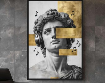 David Wall Art, Michelangelo Art, Music Wall Art, Headphones Wall Art, Gold Classical Printable Wall Art, Trendy Decor