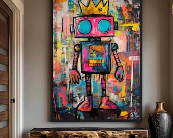 Robot Wall Art Framed Canvas, Graffiti Robot Art, Colorful Street Art, Urban Pop Art, Funky Man Cave Decor