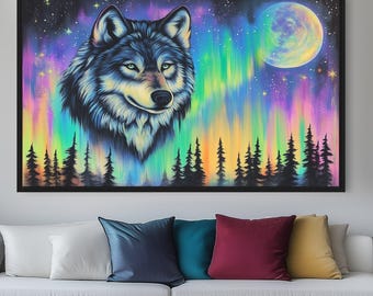 Wolf & Northern Lights Framed Canvas – Aurora Borealis Wildlife Art