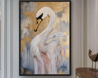 White Swan Wall Art, Elegant Bird Print, Neutral Gold Animal Art, Modern Living Room Printable Wall Art